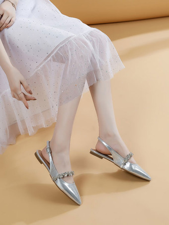女性のブライダル シューズ スパンコール布シルバー ポインテッド トゥ チェーン フラット ブライダル シューズ