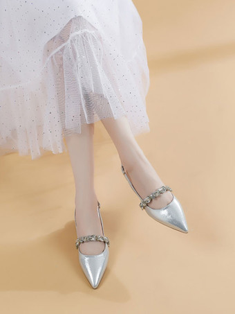 女性のブライダル シューズ スパンコール布シルバー ポインテッド トゥ チェーン フラット ブライダル シューズ