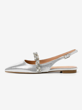 女性のブライダル シューズ スパンコール布シルバー ポインテッド トゥ チェーン フラット ブライダル シューズ