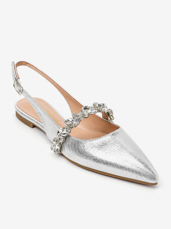 女性のブライダル シューズ スパンコール布シルバー ポインテッド トゥ チェーン フラット ブライダル シューズ