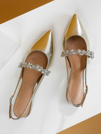 女性のブライダル シューズ スパンコール布シルバー ポインテッド トゥ チェーン フラット ブライダル シューズ