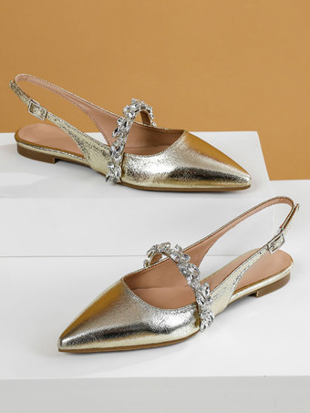 女性のブライダル シューズ スパンコール布シルバー ポインテッド トゥ チェーン フラット ブライダル シューズ