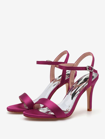 ワインレッド 女性のブライダル シューズ サテン ホワイト オープントゥ メタル ディテール スティレット ヒール ブライダル シューズ