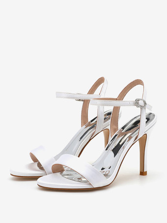 ホワイト 女性のブライダル シューズ サテン ホワイト オープントゥ メタル ディテール スティレット ヒール ブライダル シューズ