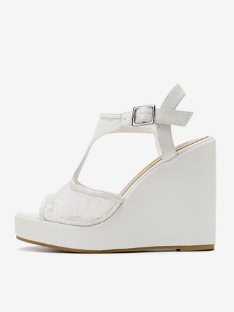 女性のブライダル シューズ レース ホワイト オープントゥ ウェッジ ヒール ブライダル シューズ