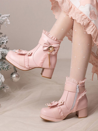 ピンク甘いロリータ ブーツ PU レザー フリル弓ラウンド トゥ ブラック ロリータ シューズ