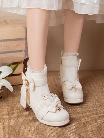 甘いロリータ ブーツ PU レザー フリル弓ラウンド トゥ ブラック ロリータ シューズ