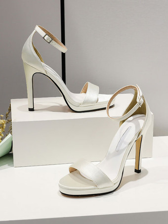 レディースブライダルシューズ サテンホワイトオープントゥスティレットヒールブライダルシューズ