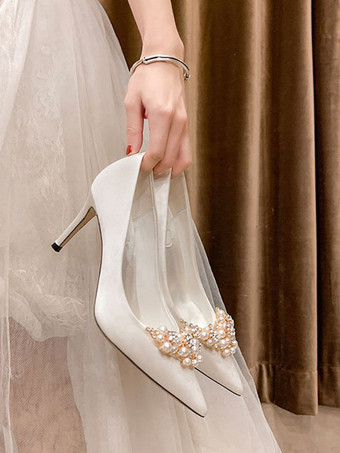 女性用ウェディングシューズ サテン ホワイト ポインテッドトゥ ラインストーン スティレットヒール ブライダルシューズ
