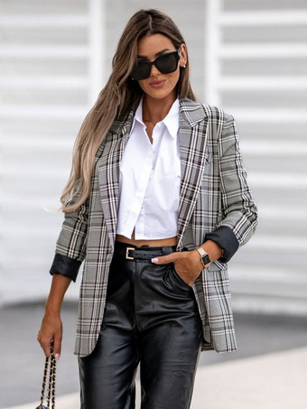 Blazer For Women Modern Turndown Collar Pockets Long Sleeves Plaid Outerwear