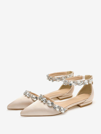 アプリコット女性のブライダル シューズ サテン ホワイト ポインテッド トゥ ラインストーン フラット ブライダル シューズ