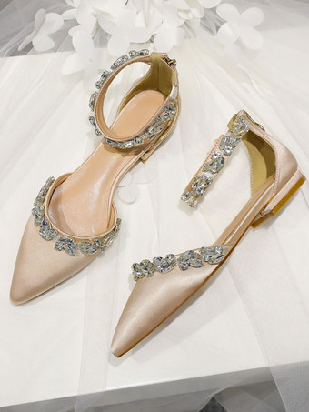 女性のブライダル シューズ サテン ホワイト ポインテッド トゥ ラインストーン フラット ブライダル シューズ