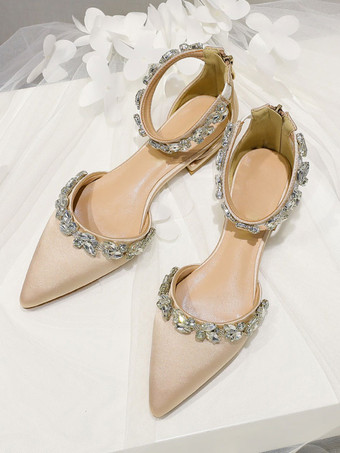 女性のブライダル シューズ サテン ホワイト ポインテッド トゥ ラインストーン フラット ブライダル シューズ