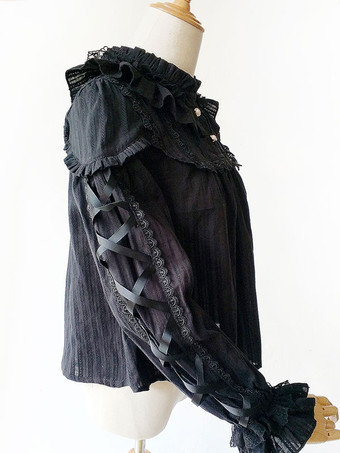 ブラック ロココ スタイル ロリータ ブラウス インファンタ ロリータ トップ ホワイト長袖レースアップ ロリータ シャツ