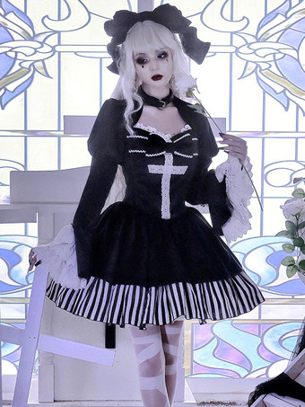   Robes Gothiques Lolita Volants Rayures Noir Déguisement  