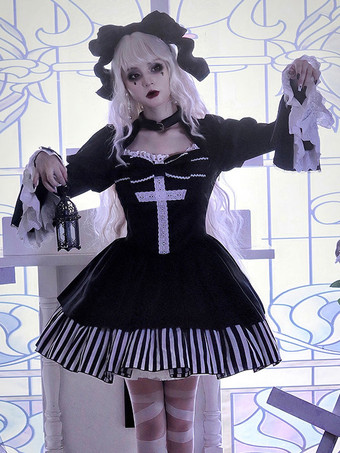   Robes Gothiques Lolita Volants Rayures Noir Déguisement  