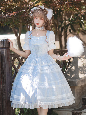 ライトスカイブルースウィートロリータドレス ポリエステル 半袖 フリルワンピース