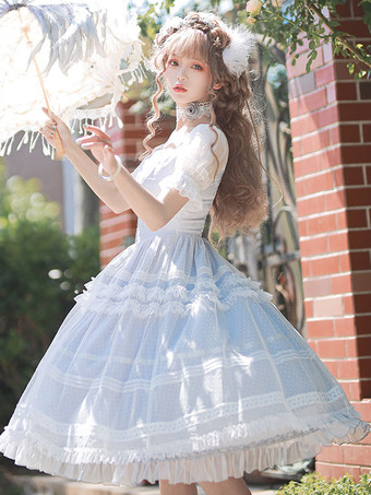 スウィートロリータドレス ポリエステル 半袖 フリルワンピース