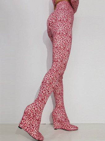 レディース パンツ シューズ ヒョウ柄 ウェッジヒール 伸縮性 サイハイブーツ