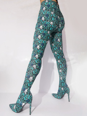 女性用タイハイブーツ ポインテッドトゥ フローラルプリント スティレットヒール 伸縮性パンツシューズ