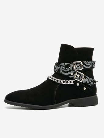 メンズ アンクルブーツ チェルシー ブラックブーツ バックル スエード レザーチェーン モーターサイクルブーツ