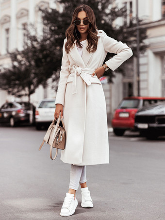 ホワイト 女性用コート ターンダウンカラー サッシュ 冬アウター