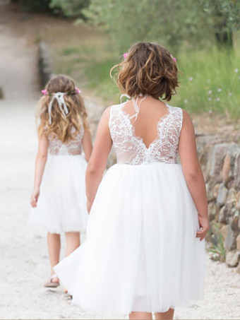 アイボリー フラワー ガール ドレス ポリエステル レース ジュエル ネック ノースリーブ 誕生日パーティー ドレス