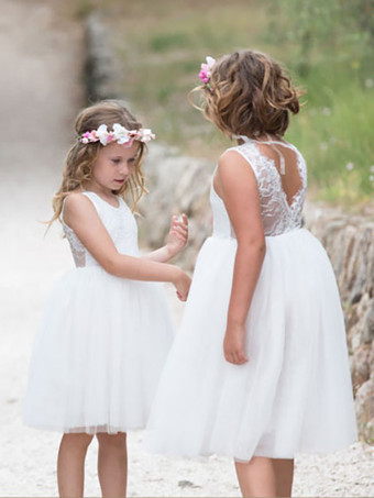 アイボリー フラワー ガール ドレス ポリエステル レース ジュエル ネック ノースリーブ 誕生日パーティー ドレス