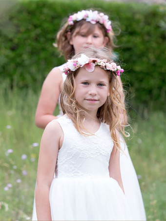 アイボリー フラワー ガール ドレス ポリエステル レース ジュエル ネック ノースリーブ 誕生日パーティー ドレス