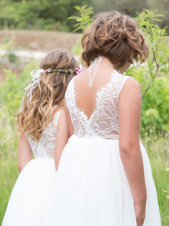 アイボリー フラワー ガール ドレス ポリエステル レース ジュエル ネック ノースリーブ 誕生日パーティー ドレス