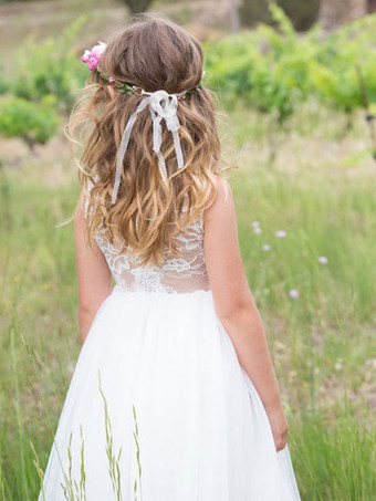 アイボリー フラワー ガール ドレス ポリエステル レース ジュエル ネック ノースリーブ 誕生日パーティー ドレス