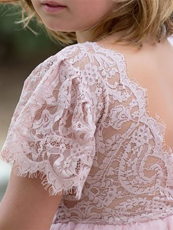 ピンクのフラワーガールドレス ポリエステル レース ジュエルネック 半袖 誕生日パーティードレス