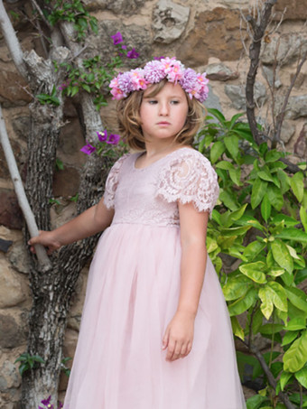 ピンクのフラワーガールドレス ポリエステル レース ジュエルネック 半袖 誕生日パーティードレス