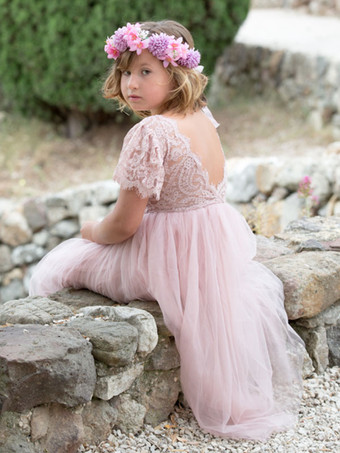 ピンクのフラワーガールドレス ポリエステル レース ジュエルネック 半袖 誕生日パーティードレス
