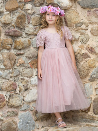 ピンクのフラワーガールドレス ポリエステル レース ジュエルネック 半袖 誕生日パーティードレス