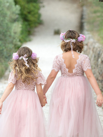 ピンクのフラワーガールドレス ポリエステル レース ジュエルネック 半袖 誕生日パーティードレス