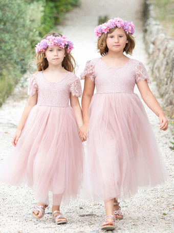 Розовое платье девушки цветка Полиэстер Кружева Jewel Шея Короткие рукава Платья для вечеринки по случаю дня рождения