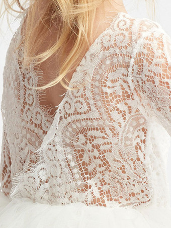 アイボリー フラワーガールドレス レース ジュエルネック 長袖 誕生日パーティードレス