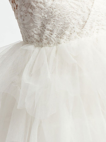 アイボリー フラワーガールドレス レース ジュエルネック 長袖 誕生日パーティードレス