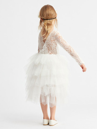 アイボリー フラワーガールドレス レース ジュエルネック 長袖 誕生日パーティードレス
