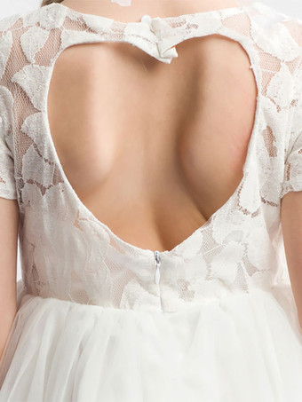 アイボリー フラワーガールドレス ポリエステル レース ジュエルネック 半袖 誕生日パーティードレス