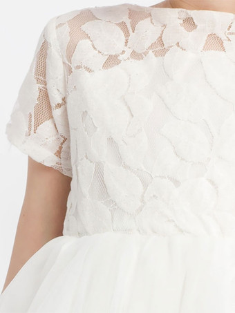 アイボリー フラワーガールドレス ポリエステル レース ジュエルネック 半袖 誕生日パーティードレス