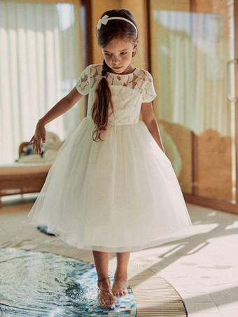 アイボリー フラワーガールドレス ポリエステル レース ジュエルネック 半袖 誕生日パーティードレス