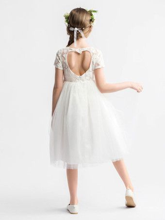 アイボリー フラワーガールドレス ポリエステル レース ジュエルネック 半袖 誕生日パーティードレス