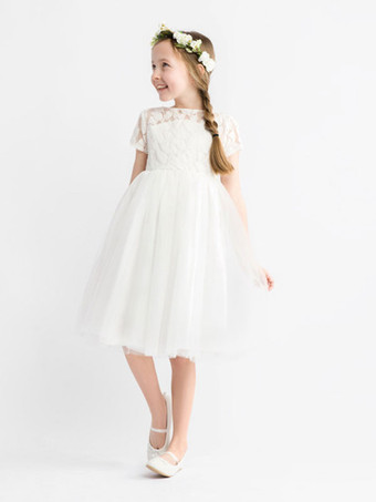 Ivory Flower Girl Dress Lace Jewel Neck Short Sleeves Birthday Party Dresses