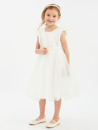 アイボリーアイボリー フラワーガールドレス ポリエステル ジュエルネック 半袖 誕生日パーティードレス