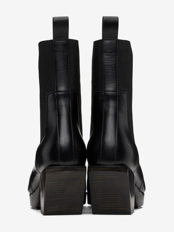 メンズ ブラック スクエアトゥ ジグザグ ラバーソール リアプルタブ 伸縮性サイドパネル ハイヒールブーツ チェルシー プロム パーティーブーツ