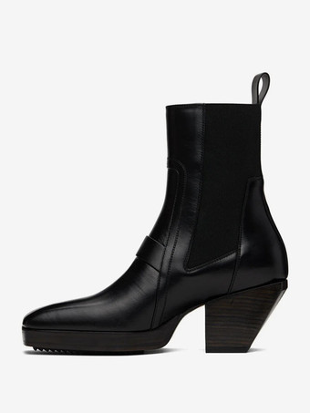 メンズ ブラック スクエアトゥ ジグザグ ラバーソール リアプルタブ 伸縮性サイドパネル ハイヒールブーツ チェルシー プロム パーティーブーツ