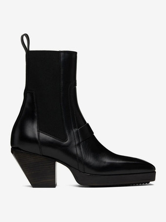 メンズ ブラック スクエアトゥ ジグザグ ラバーソール リアプルタブ 伸縮性サイドパネル ハイヒールブーツ チェルシー プロム パーティーブーツ