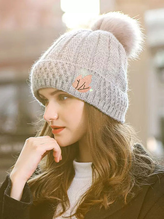 グレイ女性の帽子ファッション ポンポン ポリエステル リーフ装飾かわいい冬暖かい帽子